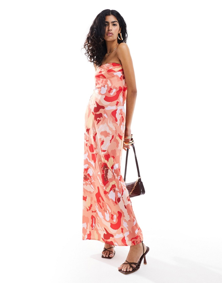 Pretty Lavish satin bandeau maxi dress in red abstract floral