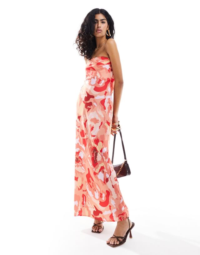 Pretty Lavish - satin bandeau maxi dress in red abstract floral