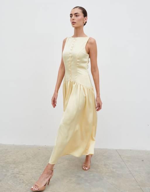 Pretty Lavish satin button down drop waist midaxi dress in lemon, 2 of 4