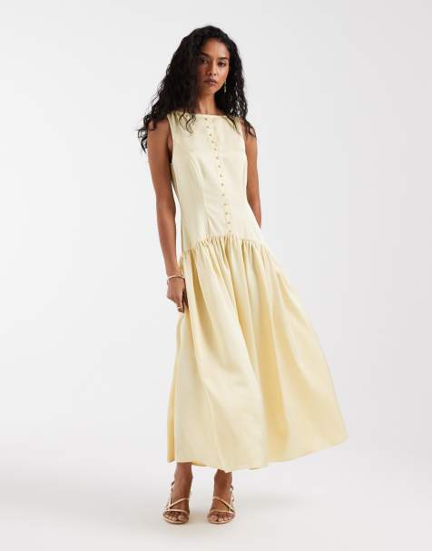 Pretty Lavish satin button down drop waist midaxi dress in lemon