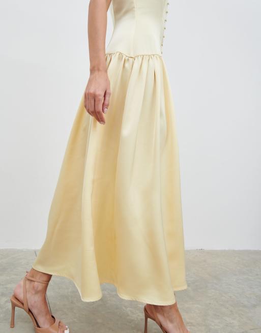 Pretty Lavish satin button down dropped waist midaxi dress in lemon, 3 of 4