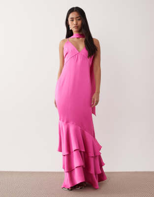 Pretty Lavish Satin Cami Scarf Detail Ruffle Skirt Maxi Dress In Pink