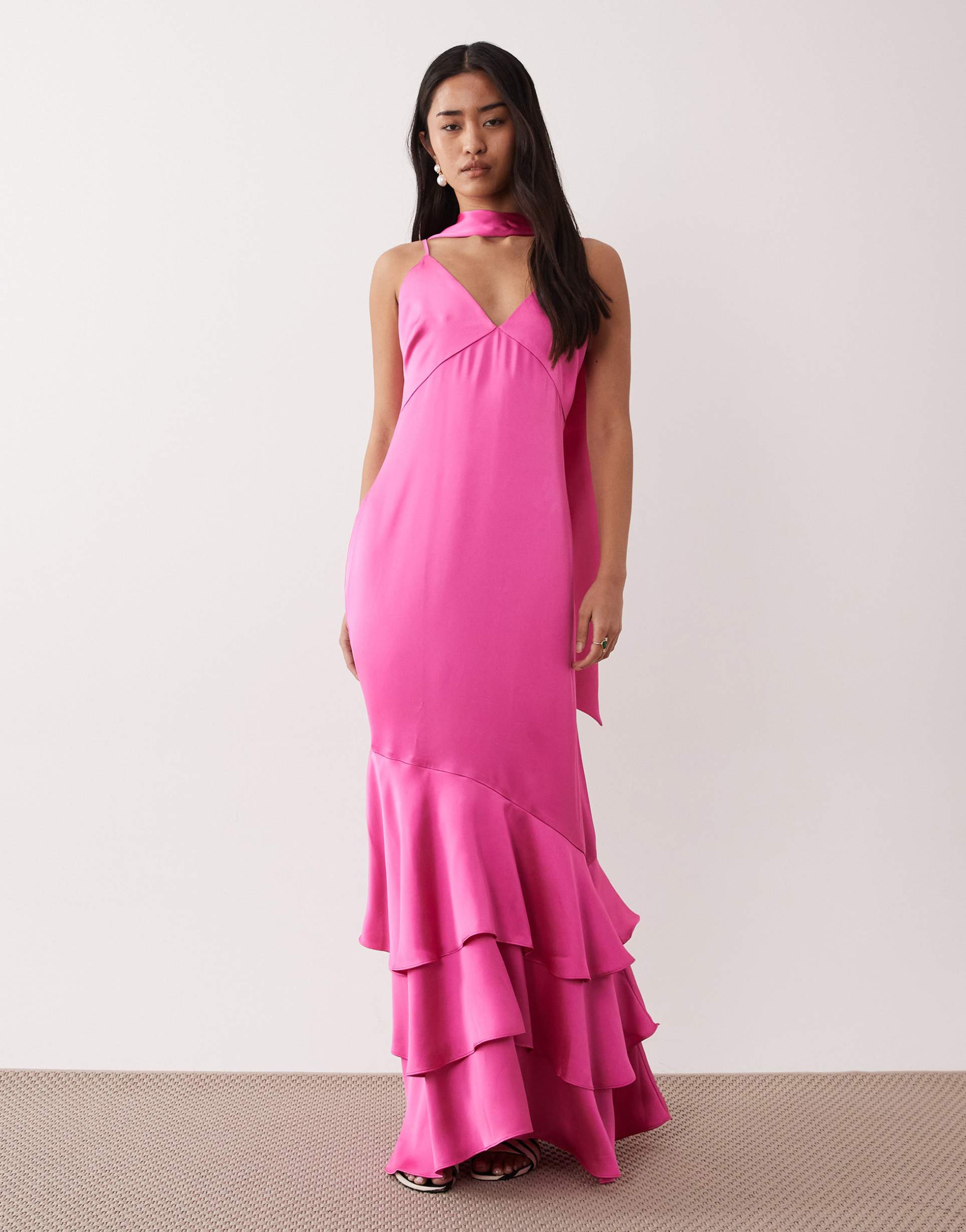 pretty lavish satin cami scarf detail ruffle skirt maxi dress in pink