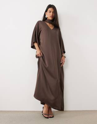 Pretty Lavish Satin Choker Detail Kimono Sleeve Full Maxi Dress In Brown