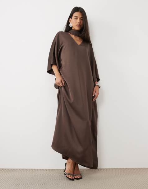 Pretty Lavish satin choker detail kimono sleeve full maxi dress in chocolate - view 1