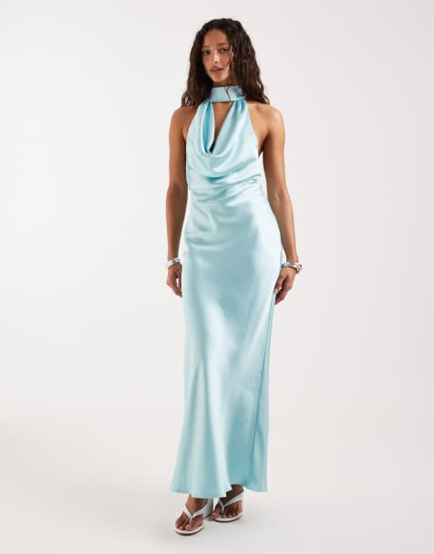Pretty Lavish satin choker neck cowl detail low back maxi dress in soft aqua