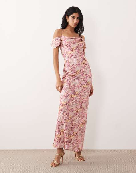 Pretty Lavish satin cowl neck cold shoulder slip maxi dress in abstract berry floral print - view 1