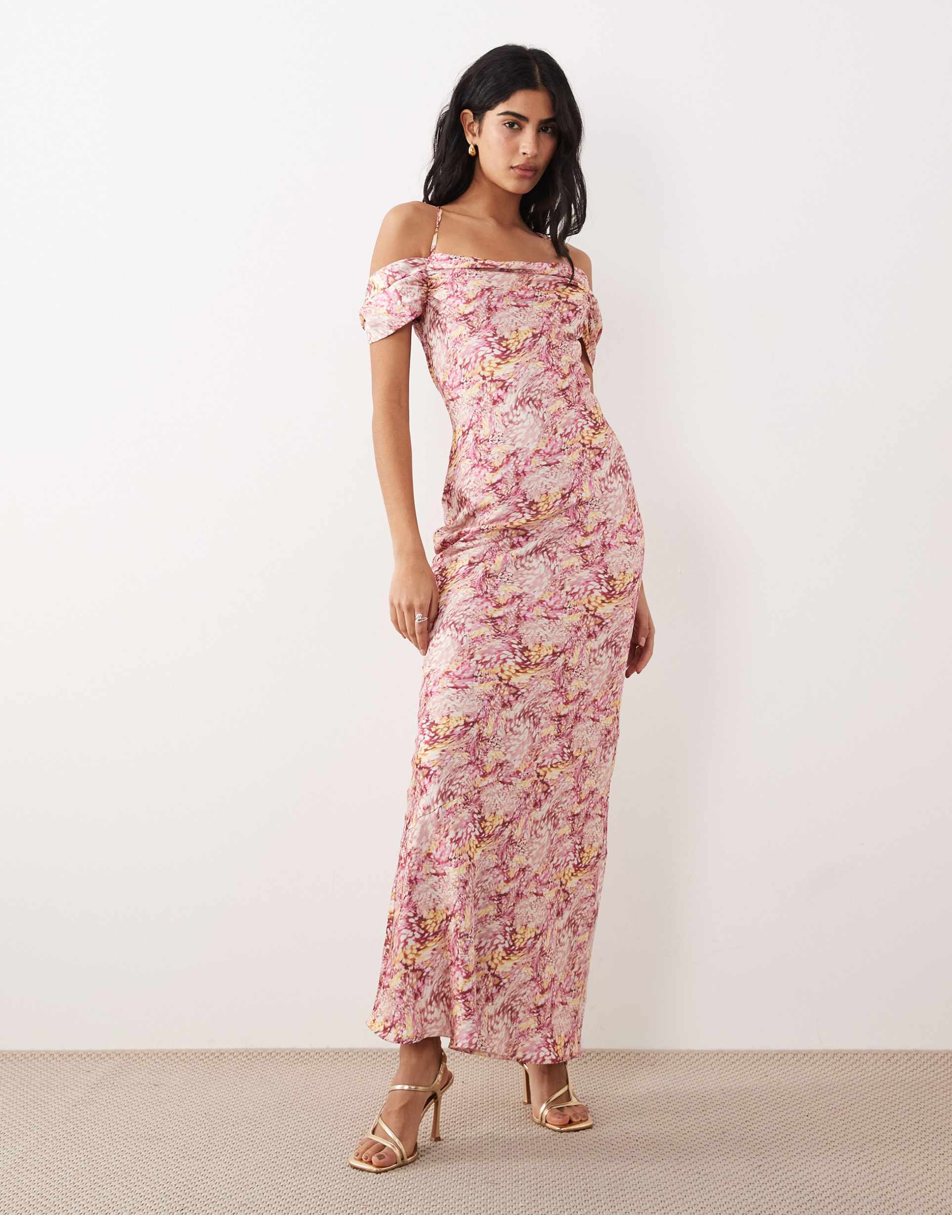 pretty lavish satin cowl neck cold shoulders maxi slip dress in abstract berry floral print