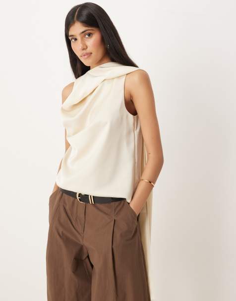 Pretty Lavish satin draped scarf neck top in oyster - view 1