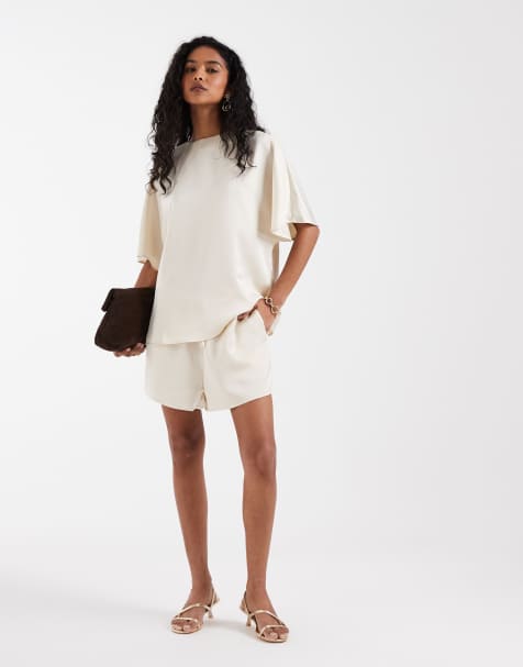 Pretty Lavish satin drawstring shorts co-ord in oyster