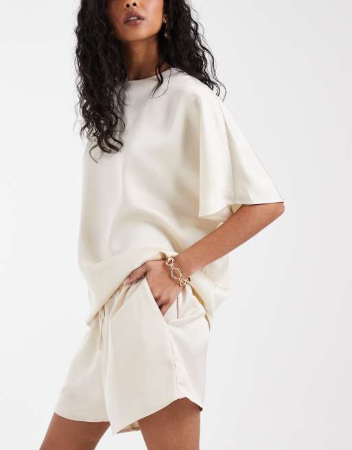 Pretty Lavish satin drawstring shorts co-ord in oyster, 5 of 5