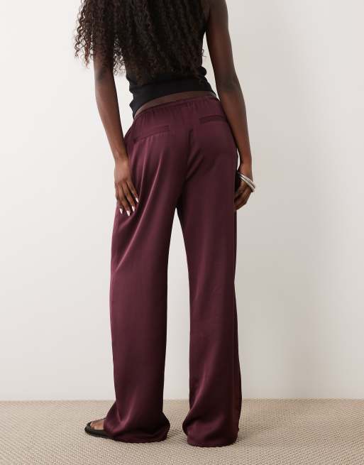 Pretty Lavish satin drawstring wide leg pants in fig, 3 of 5