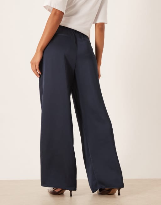 Pretty Lavish satin drawstring wide leg pants in navy, 4 of 5