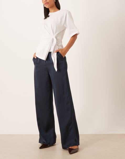 Pretty Lavish satin drawstring wide leg trousers in navy - view 1