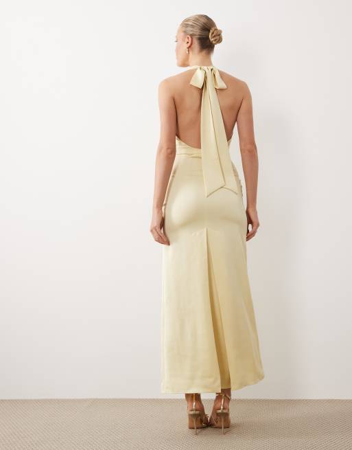Pretty Lavish satin halter neck with corsage and ruching maxi dress in lemon , 4 of 4