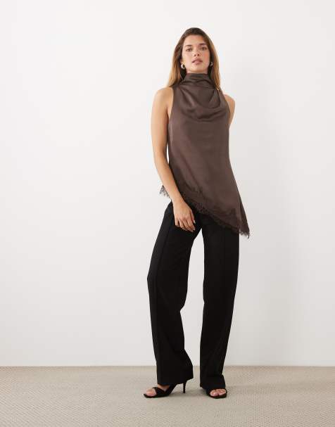 Pretty Lavish satin high cowl neck asymmetric lace hem top co-ord in chocolate - view 1