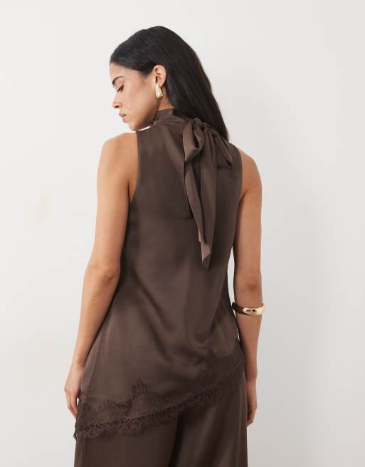 Pretty Lavish satin high cowl neck asymmetric lace hem top in chocolate, 4 of 4