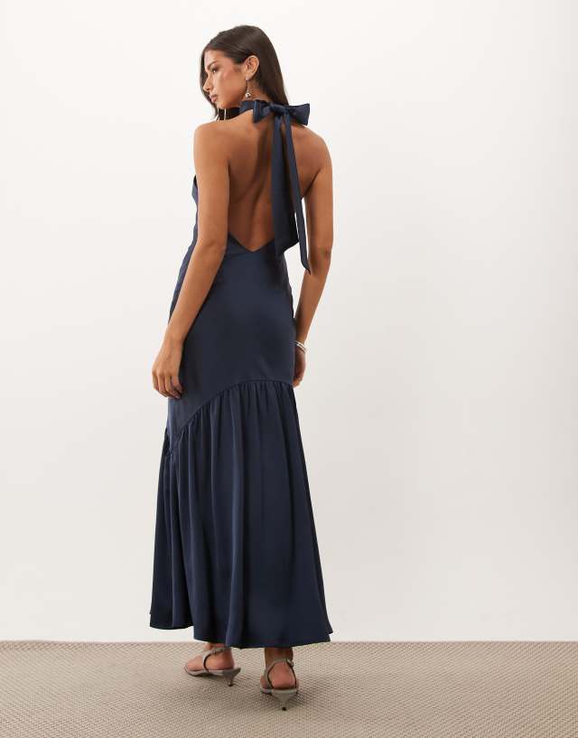 halter neck debs dress Pretty Lavish satin high bias backless maxi in navy Neck midi dress