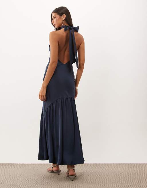 Pretty Lavish satin high halter neck bias backless maxi dress in navy, 2 of 4