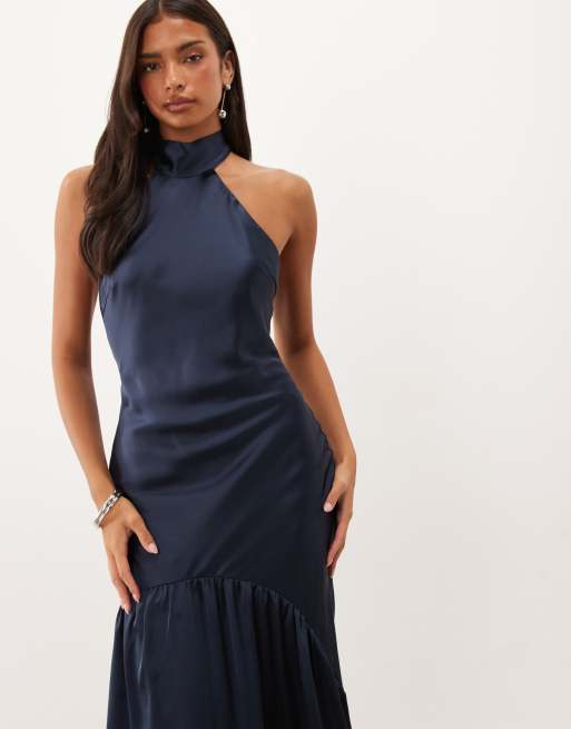Pretty Lavish satin high halter neck bias backless maxi dress in navy, 4 of 4