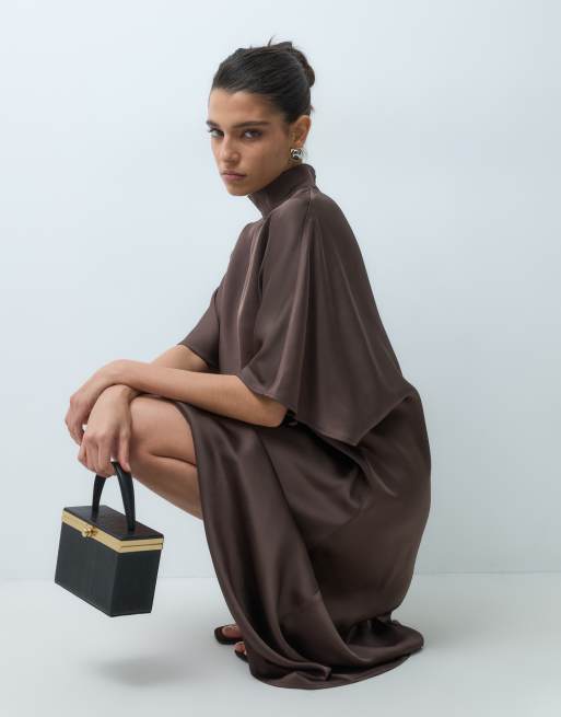 Pretty Lavish satin high neck asymmetric hem mini dress in chocolate, 4 of 5