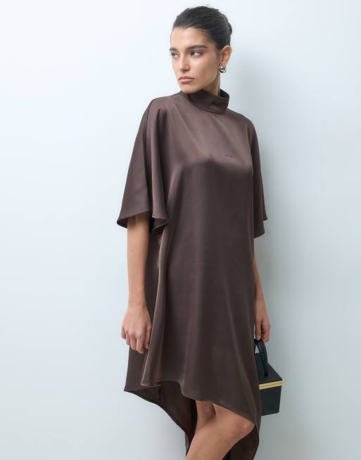 Pretty Lavish satin high neck asymmetric hem mini dress in chocolate, 5 of 5