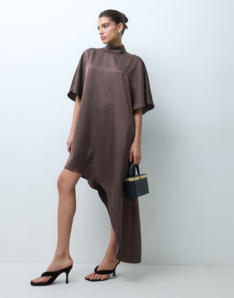 Pretty Lavish satin high neck cape detail asymmetric mini dress in chocolate  - view 1