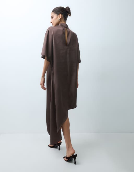 Pretty Lavish satin high neck cape detail asymmetric mini dress in chocolate , 2 of 5