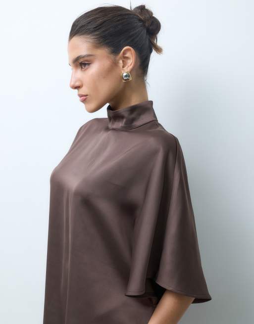 Pretty Lavish satin high neck cape detail asymmetric mini dress in chocolate , 3 of 5