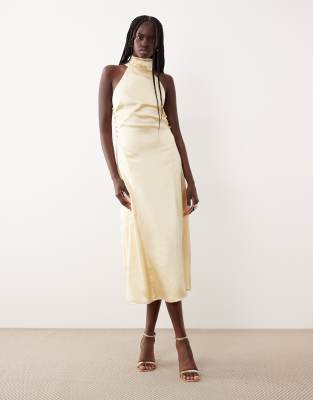 Pretty Lavish Satin High Neck Cut Out Back Midaxi Dress In Yellow