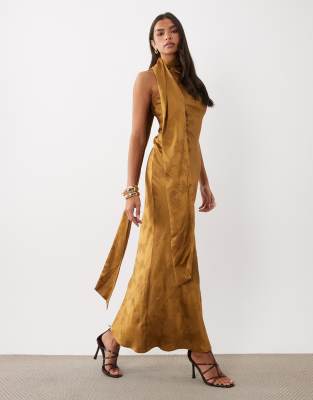 Pretty Lavish Satin Jacquard Bias Drape Scarf Detail Maxi Dress In Gold