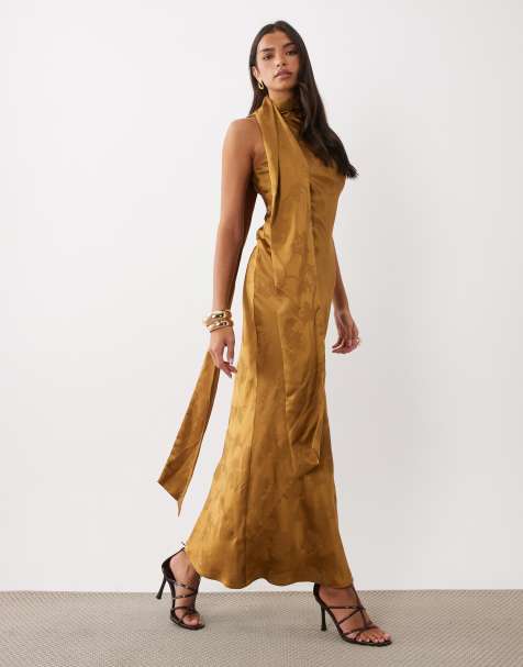 Pretty Lavish satin jacquard bias drape scarf detail maxi dress in gold floral - view 1
