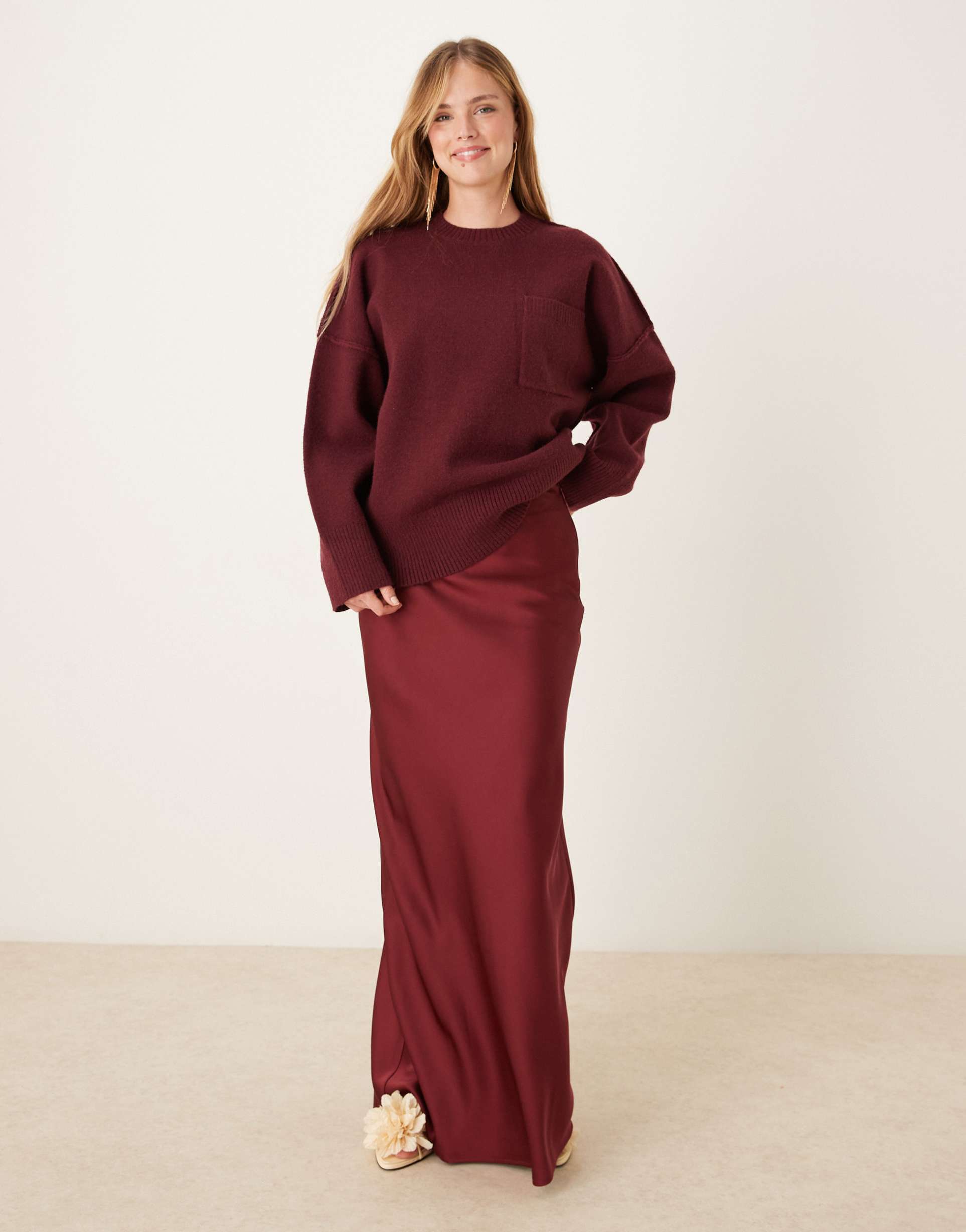 pretty lavish satin maxi skirt in burgundy