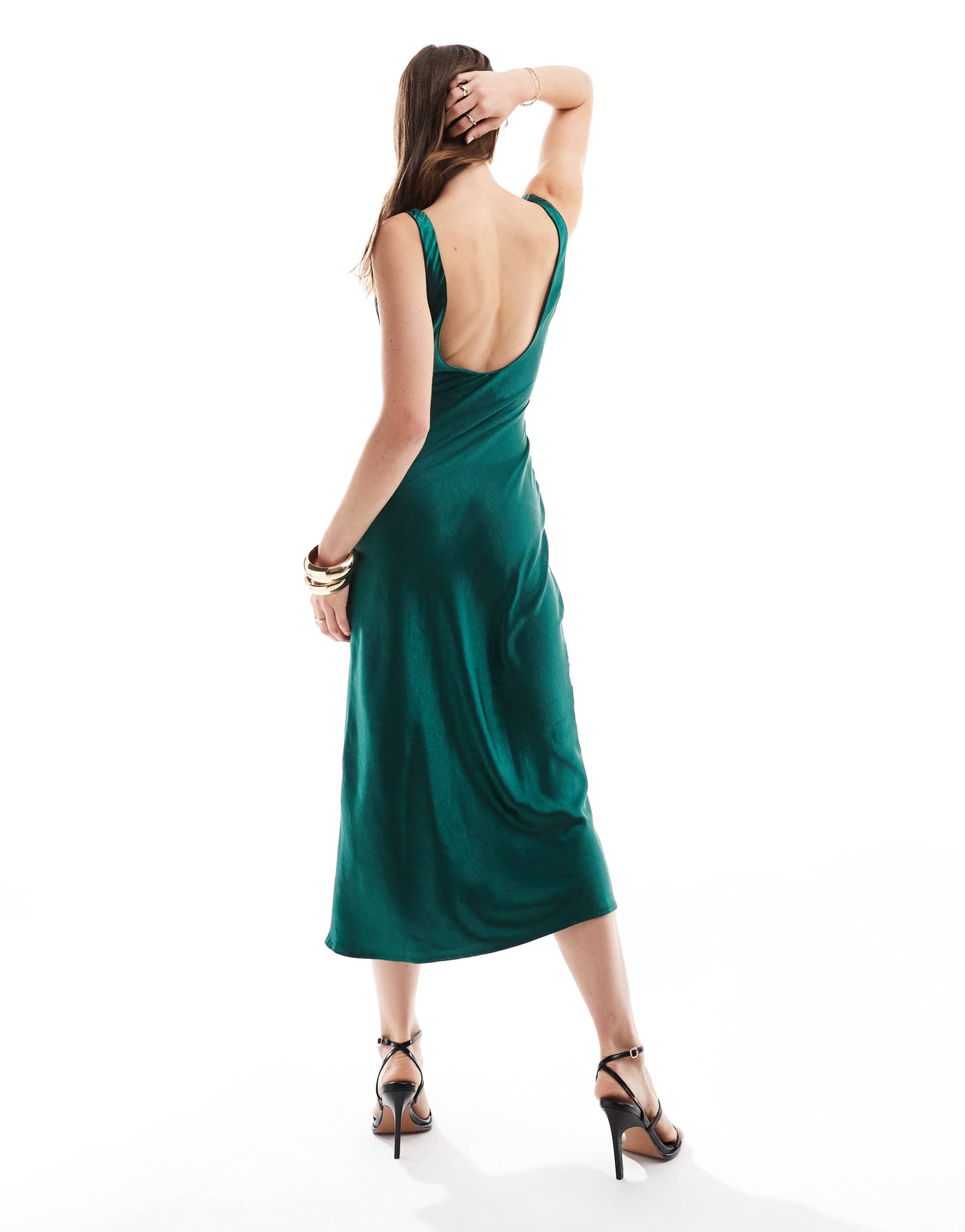 pretty lavish satin midi dress in emerald