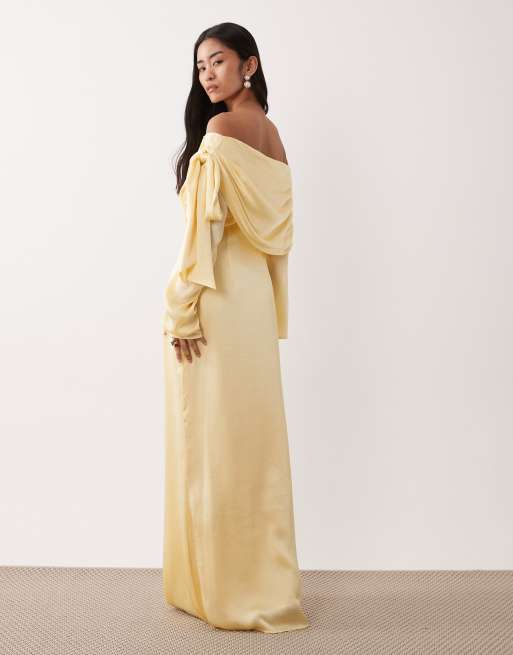 Pretty Lavish satin off shoulder bow maxi dress in lemon, 4 of 4