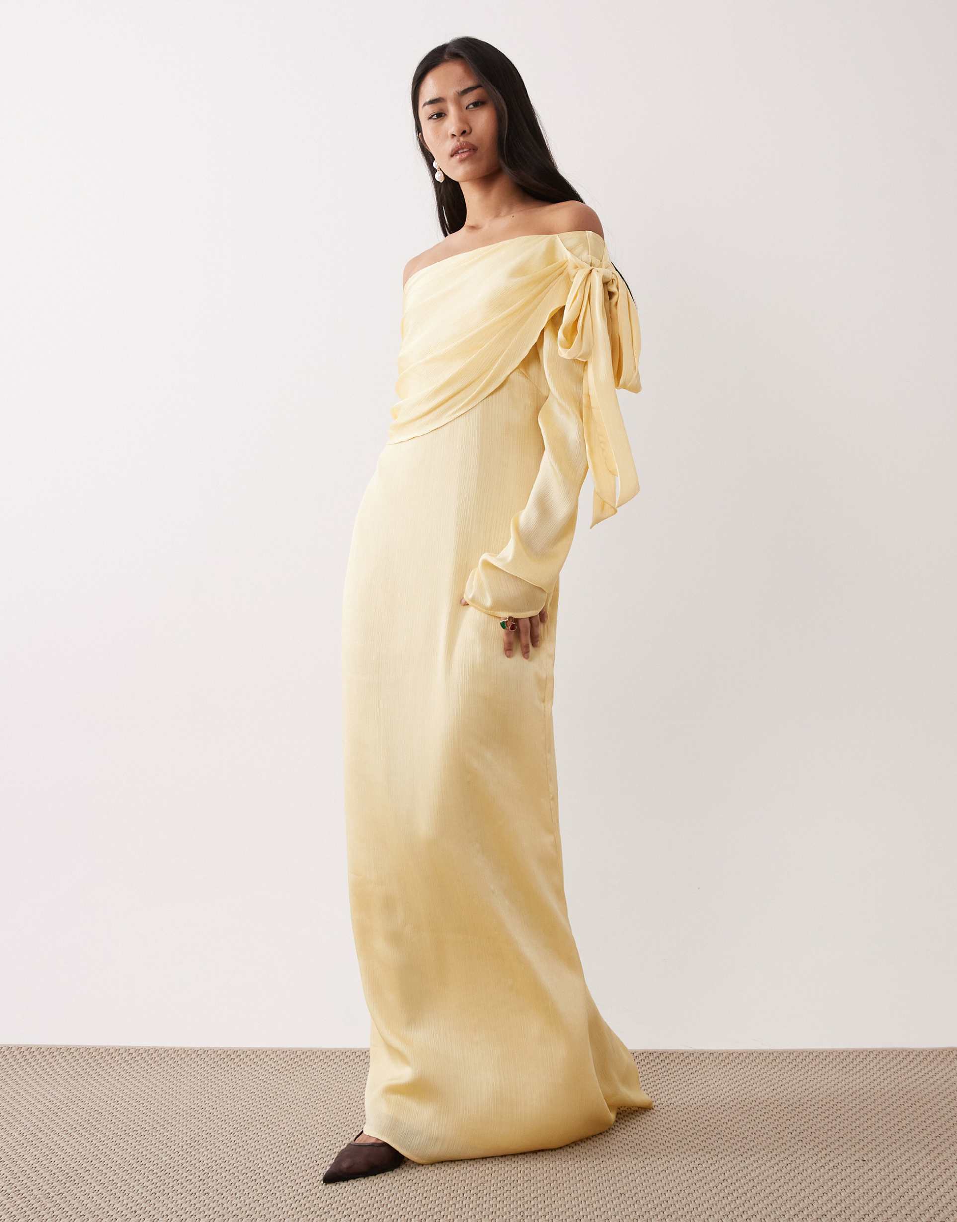 pretty lavish satin off the shoulder shoulder bow maxi dress in lemon