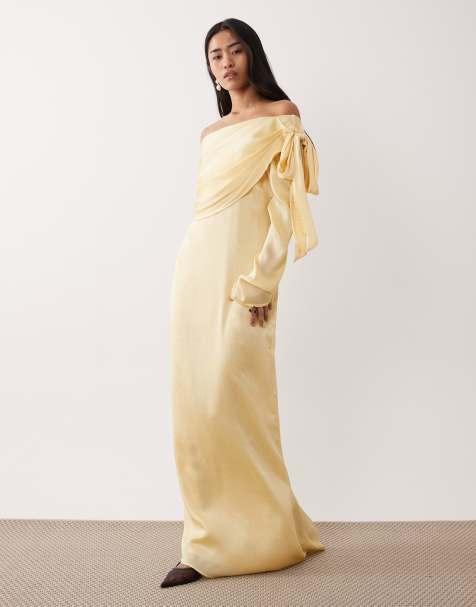 Pretty Lavish satin one shoulder bow maxi dress in lemon - view 1