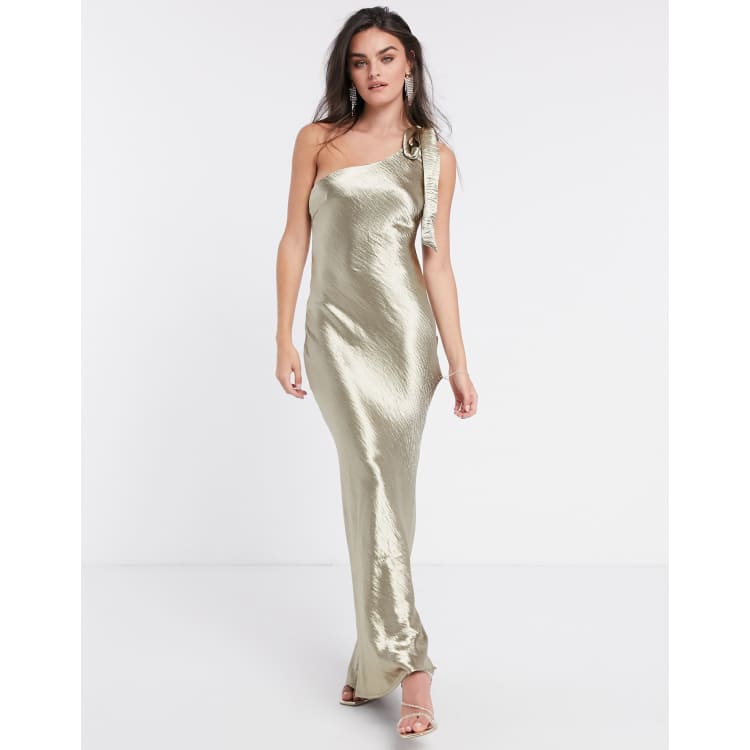 Pretty Lavish satin one shoulder bow tie maxi dress in liquid gold