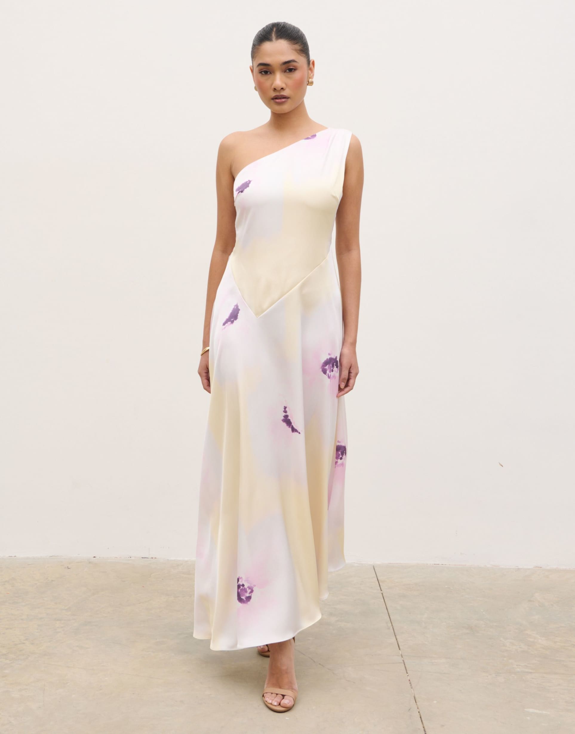 pretty lavish satin one shoulder maxi dress in lemon floral print