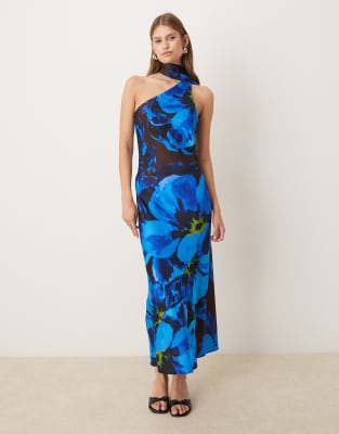 Pretty Lavish Satin One Shoulder Scarf Neck Floral Print Maxi Dress In Blue