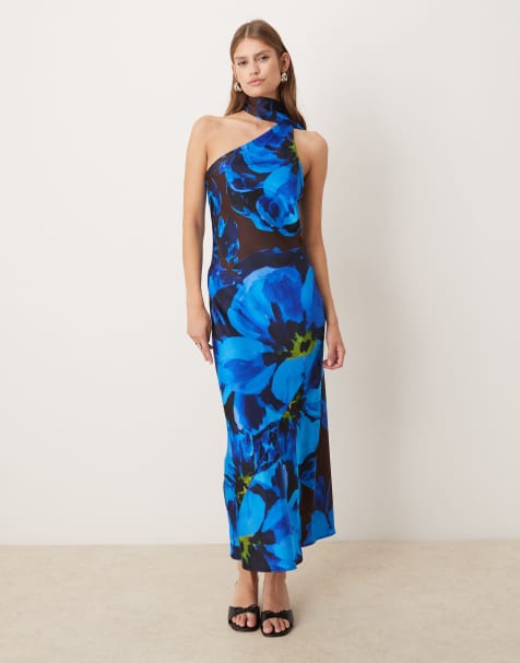 Pretty Lavish satin one shoulder scarf neck floral print maxi dress in cobalt - view 1
