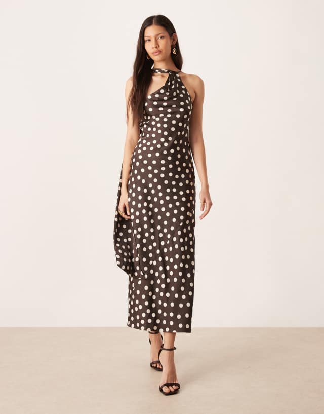 Pretty Lavish satin one shoulder scarf neck polka dot midaxi dress