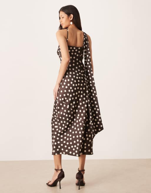 Pretty Lavish satin one shoulder scarf neck polka dot midaxi dress in brown 
