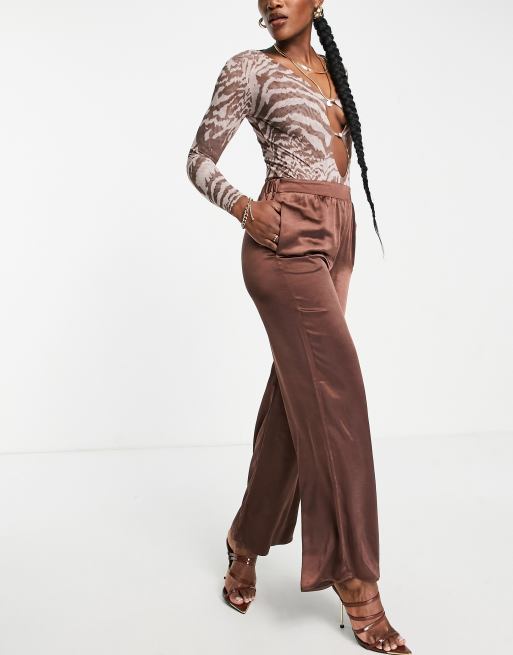 Pretty Lavish satin pant in chocolate brown - part of a set