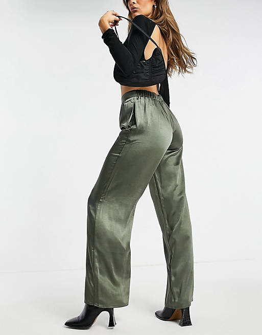 Pretty Lavish satin pants in olive green (part of a set)