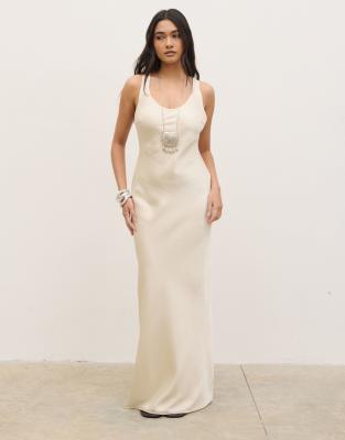 Pretty Lavish satin racer back maxi slip dress in oyster white