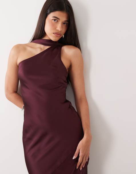 Pretty Lavish satin scarf detail asymmetric neckline bias maxi dress in burgundy - view 1