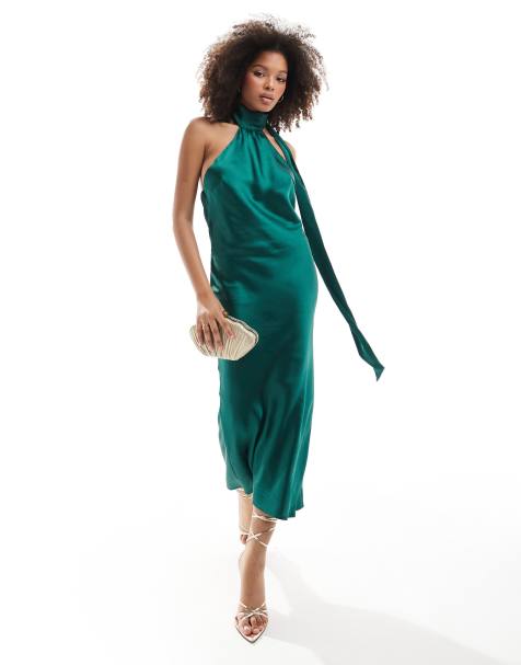 Pretty Lavish satin scarf midaxi dress in emerald - view 1
