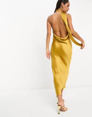 Pretty Lavish Satin Scarf Midaxi Dress In Saffron Yellow gold