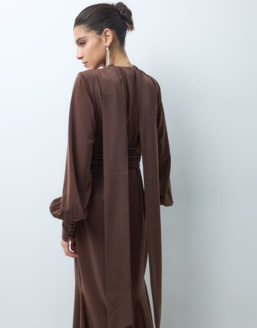 Pretty Lavish satin scarf neck blouson sleeve fishtail maxi dress in chocolate, 4 of 5